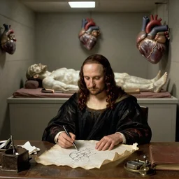 a wider shot of the morgue. leonardo da vinci, in his late 3 0 ’ s, sits alone. he has parchment and a pen, and is sketching the human heart. in the background – past the heart – we see its occupant, a corpse