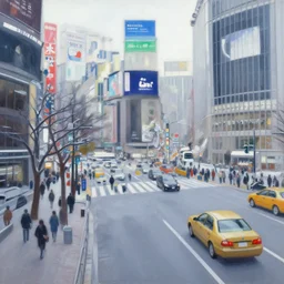 an edward hopper style painting of a busy road in tokyo shibuya, winter