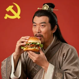 ancient Chinese person eating a burger in communist propaganda poster. Artstation. High quality. 4k. Beautiful art.