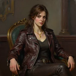 woman with brown hair sitting in a chair wearing a leather jacket and a golden necklace video game, fullbody, ultra high detailed, oil painting, Greg Rutkowski, Charlie Bowater, Yuumei, Yanjun Cheng, unreal 5, DAZ, hyperrealistic, octane render, RPG portrait, dynamic lighting, fantasy art, beautiful face