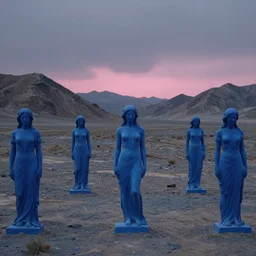 a field of blue statues of woman in a barren mountainous desert in ominous blue light, overcast, pink light on the horizon by john martin and thomas kinkade