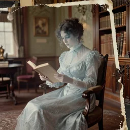 1 9 th century restored photography, eerie transparent ghost of a victorian woman reading in a chair, in well - lit art nouveau library room, torn photograph, photorealistic, hyper realistic, 8 k