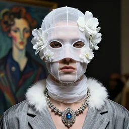 a futuristic man portrait by mask made of wires and white gauzes and plastic flowers, white fur fir necklace made by gauzes twisted around neck, design by leonardo davinci, inspired by egon schiele, balenciaga, modern art, baroque art jewelry, new classic, fashion design, photorealistic, hyper realistic, cinematic composition, cinematic lighting, fashion design, concept art, 8 k