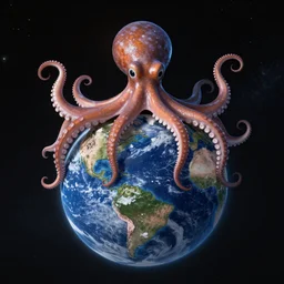 huge octopus is on top of the small planet earth in space artstation realistic,