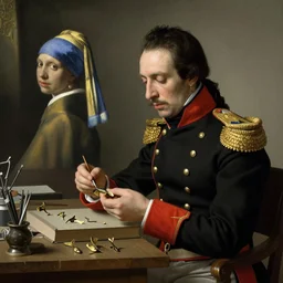simon bolivar dressed in his uniform, he sit in his jewelry atelier carving little metal gold fishes, painted by vermeer