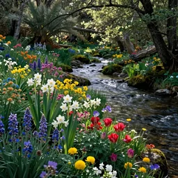 colorful flowers growing next to a gentle creek, high resolution