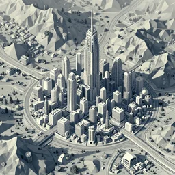 an aerial view of a futuristic city in the mountains, a detailed matte painting by ricardo bofill, behance contest winner, generative art, isometric, greeble, terragen
