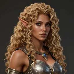 complex 3 d hyper realistic smooth ultra sharp render of a gorgeous high elf paladin woman | tanned skin, curly dirty blonde hair, freckles | d & d, medieval, fantasy | art by oh jinwook + 吵 集 仁 儿 on artstaion + takeshi obata + alphonse mucha