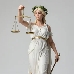 a full body portrait of themis the greek goddess, presenting the balance scale of justice!! wearing a laurel wreath, extremely beautiful, anatomically accurate, by artgerm and by greg rutkowski and by alphonse mucha and by simon bisley, radiant light, detailed and intricate environment,
