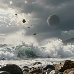 stones were hurled into the sky indiscriminatingly, mighty waves must have crushed onto shores hurling high snow - like foam, atmospheric perspective, altostratus clouds, planets, cinematic, 3 5 mm lens, anamorphic lens flare, photographic, octane render, cinematography by roger deakins, in the style of ansel adams