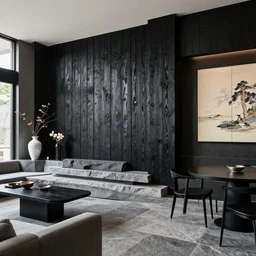 lounge and dining room, stone, interior design, stylish luxury hotel living room design, yakisugi, black vertical slatted timber, textures, feminine, black walls, art, japanese pottery vase with flowers, kakejiku scroll art, seasonal, japanese influences