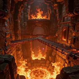 fire dungeon interior with stone walls and metal walkways suspended above lava; detailed, best on artstation, raymond swanland, bayard wu, cosmic, epic, stunning, masterpiece