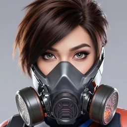 overwatch tracer wearing a cyber gas mask, digital art, pretty face, very beautiful face, very detailed eyes, ultra detailed, by woop, greg rutkowski,