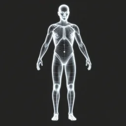 highly detailed schematic, technical drawing, orthographic view, 3d wireframe, glowing vector, human body,  blender screenshot