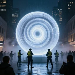 policemen protect a huge spiral - shaped luminous object right in the center of the city from protesting people, night, rain and light fog, professional lighting, concept art in 3 d, high detail, professional lighting