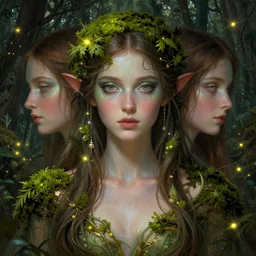 symmetry portrait of moss princess, glam, fae, fireflies, forest background, intricate, elegant, highly detailed, digital painting, artstation, concept art, smooth, sharp focus, illustration, art by artgerm and greg rutkowski and fra angelico and alphons mucha