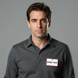 studio portrait of a cliche italian man, with a name tag that says'pepe roni ', cinematic, 8 k, highly realistic
