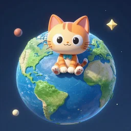a cartoony cat sitting on planet earth,  in the style of Rayman origins, michael ancel, Ruan Jia and Mandy Jurgens and Greg Rutkowski, trending on Artstation, award winning, unreal engine, octane render W 1024