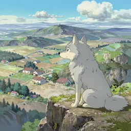 cute and adorable wolf contemplating the valley from the cliff of a mountain by makoto shinkai, winter, studio ghibli, hayao miyazaki, takashi takeuchi, akihiko yoshida, funimation, key anime visual, anime poster, 8 k, highly detailed, rendered, concept art, wide angle, trending on artstation, pixiv daily ranking