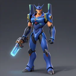 character design digital 2 d man viking evangelion pokemon cyborg blue armor with and hologram gun by gaston bussiere, anna nikonova aka newmilky, greg rutkowski, yoji shinkawa, yoshitaka amano, tsutomu nihei, muira, moebius, donato giancola, trending on artstation, featured on pixiv