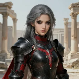 portrait grey hair knights of zodiac girl + smoky eyes, matt black / little red color armor, ( ( in ruined agora of athens background ) ), ssci - fi and fantasy, intricate and very very beautiful and elegant, highly detailed, digital painting, artstation, concept art, frostbite engine, smooth and sharp focus, illustration, art by tian zi and wlop and alphonse mucha