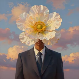 portrait, grande flower as head, black woman in suit, surreal photography, golden hour, colorful clouds, impressionist painting, digital painting, artstation, simon stalenhag