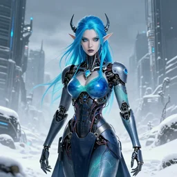 highly detailed portrait of stunning android elemental witch lady, stray wiring by atey ghailan, james gilleard, by joe fenton, by greg rutkowski, by greg tocchini, by kaethe butcher, 4 k resolution, gradient blue, cyan, black and white color scheme!!! ( ( snowy glaciated robotic dystopian city background ) )