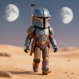 mandalorian as nendoroid walking in a desert with two moons in the croods movie style, anime, disney, pixar, 8 k, hd, dof, kodak film, volumetric lighting, subsurface scattering, photorealistic, octane render, details
