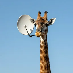 a giraffe with a satellite dish instead of head