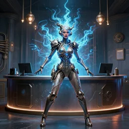 a woman in reception, digital art by grant wood, cyberpunk, steampunk, electric, shocking, powerful