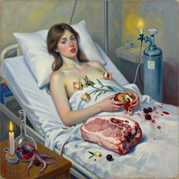 raw pork, portrait of a female art student in a hospital bed, sensual, wilted flowers, squashed berry stains, octopus, scientific glassware, eating rotting fruit, oxygen tank, candlelight, neo - impressionist, surrealism, acrylic and spray paint and oilstick on canvas