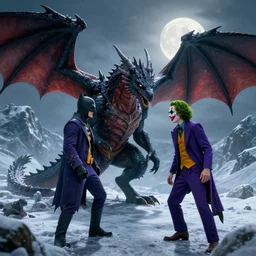 parthanax the dragon is meeting with joker from batman on a snowy mountain, video game screenshot, highly detailed, hyper realistic, ray tracing, 8 k, full moon
