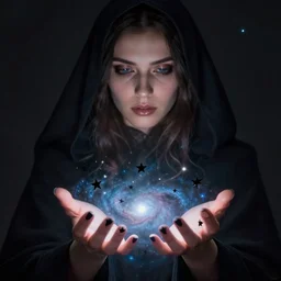 a closeup of a cloaked woman, black stars coming from hands, nebula, by vincent desiderio - h 7 0 4