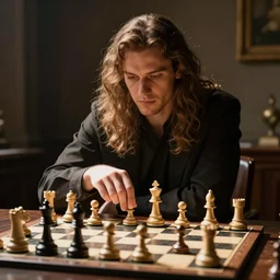 Giant sitting at a table, playing chess, surrounded by tiny people