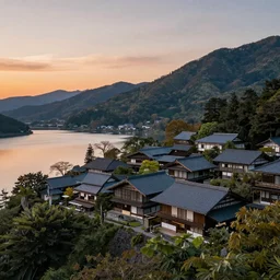 japanese houses on a mountain, with a lake and a sunset, realistic photo, artstation trend, well detailed, 8k