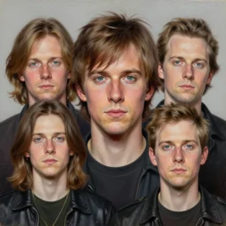 Caricature portraits done of the band Blur, realistic, hyperrealistic, very realistic, highly detailed, very detailed, extremely detailed, detailed, oil painting, digital art, trending on artstation