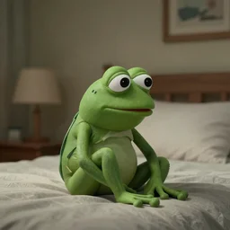 Realistic pepe the frog alone and sad in his bedroom, cinematic perspective, studio shot, full hd