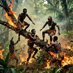 editorial photo of brutal battle in burning jungle, african and Amazonian climbing onto another and fight, epic, vintage, blood, slight inspiration of Boris vallejo and  apocalypto, war photography