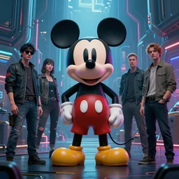 a group of people standing around a mickey mouse, cyberpunk art by drew struzan, cgsociety, sots art, dystopian art, reimagined by industrial light and magic, concept art