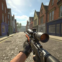 fps shooter game, sniper rifle, canterbury high street, video game, hyperdetailed, artstation, cgsociety, 8 k