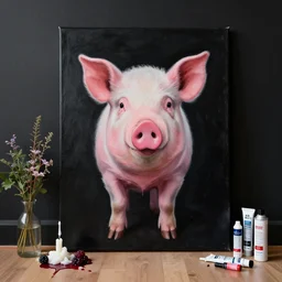 “ a portrait in a black - walled apartment, sensual, a pig theme, art supplies, paint tubes, ikebana, herbs, a candle dripping white wax, squashed berries, berry juice drips, acrylic and spray paint and oilstick on canvas, surrealism, neoexpressionism ”
