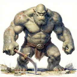 A highly detailed watercolor painting of a giant troll paladin fighting a giant