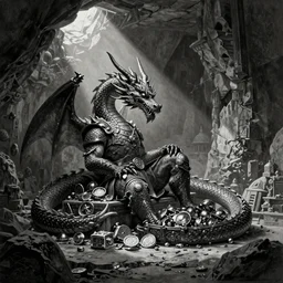 A Dragon guards a horde of treasure in it's lair, shafts of sunlight appear from parts of the ruined interior. Chiaroscuro style painting. 4K.