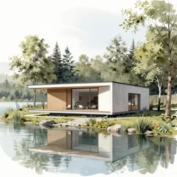 architectural sketch of a cottage by the lake, modernist design, trending on artstation, award winning design