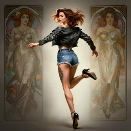 tattooed pinup sexy girl alison brie wearing a jacket and ripped shorts running and jumping, character sheet, contrast, deep focus, turnaround, highly detailed, dramatic lighting, rear view, ultra wide angle, digital painting, artstation, concept art, matte, sharp focus, illustration, elegant, art by artgerm and greg rutkowski and alphonse mucha.