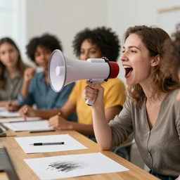 a white woman shouting into a megaphone, a room full of women of colour, pen and charcoal on paper