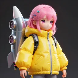 a cute girl, pink hair covered with hairpins, big eyes ， yellow inflatable loose plastic cyber technology jacket, huge jet rocket engine backpack, fantasy art by guweiz and ilya kuvshinov, sleek curves, intricate sharp focus, trending on artstation hq, deviantart, pinterest, unreal engine 5, highly detailed, 4 k uhd image