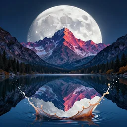 moon landscape mountains with mirror lake splash art graphic design color splash high contrasting art, fantasy, highly detailed, art by greg rutkowski