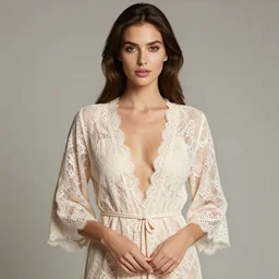 commercial photoshoot. hot attractive female glamour fashion model in photo studio. wearing lace garments and open robe. detailed clear face. perfect eyes, symmetrical face, correct proportion body, arms, hands and fingers are perfect.