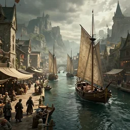 cinematic, panorama, high - fantasy, marketplace canal, sail boats, people, hybrid from the lord of the rings and art direction by darius zawadzki, sharp focus, highly detailed, wideshot ultrawide angle epic scale, dynamic dramatic ighting, shadows, cinematic atmosphere, artstation, hyperrealistic 3 d digital art, octane render, 8 k 4 k uhd image